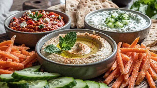 Assortment of healthy dips and vegetable sticks served on wooden board