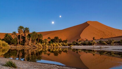 A serene desert oasis with palm trees and a reflective lake, overlooked by a towering sand dune under a clear sky with two bright celestial objects.
