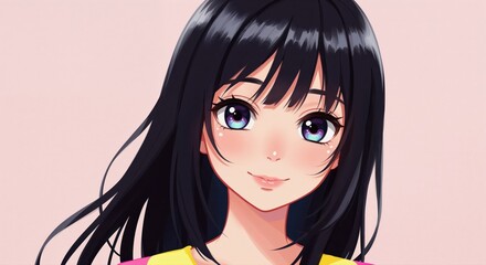 Anime-Inspired Portrait: Captivating portrayal of a young, stylish woman with striking features, exuding elegance and charm. 