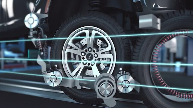 Animated Car Wheel Alignment Process with Futuristic Technology and Laser Beams