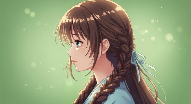 Aesthetic Portrait of Melancholy: A tender profile captures a girl with long, braided hair against a serene green backdrop, her gaze hinting at introspection and subtle sorrow.