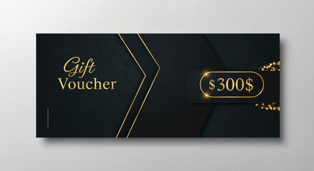 Elegant Gift Voucher: A sophisticated gift voucher design with gold accents and a luxurious dark backdrop, ideal for presenting a $300 value.