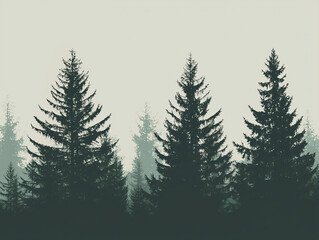 Fototapeta premium Silhouette of Evergreen Trees Against Foggy Background at Dusk