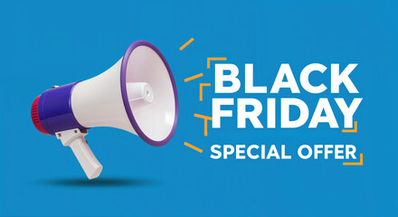 Black Friday Special Offer: A compelling announcement for the highly anticipated shopping event, with a megaphone against a blue backdrop, the composition immediately grabs attention. 