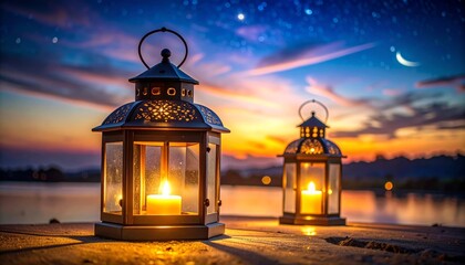 Two glowing lanterns with candles illuminate a serene lakeside at twilight under a starry sky with a crescent moon.