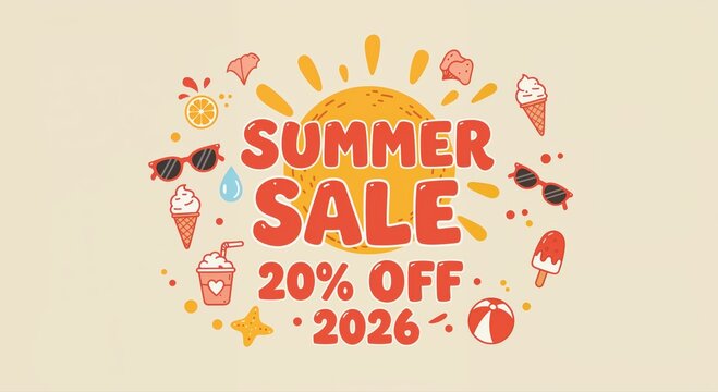 Summer Sale Promotion: An engaging promotional graphic showcases a vibrant Summer Sale, inviting shoppers with a 20% discount offer for the year 2026, accompanied by charming icons.