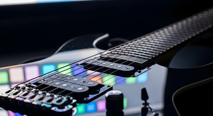 Electric guitar detail illuminated by the vibrant, blurred reflections of a digital screen, capturing a moment of focused musical creation