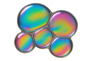 Iridescent soap bubbles forming an abstract cluster on a transparent background, showing colorful spectrum reflections