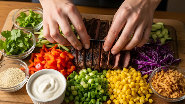 Expert hands slicing perfectly cooked meat on a wooden cutting board, surrounded by a vibrant array of fresh vegetables and savory sauces for a build-your-own meal or taco night.