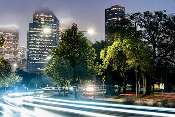 View of Downtown Houston near Allen Parkway and Eleanor Tinsley Park During the Rain