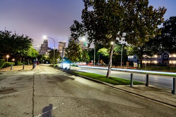 View of Downtown Houston near Allen Parkway and Eleanor Tinsley Park During the Rain