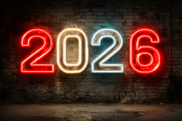 Neon 2026 numbers with glowing target and arrow replacing zero on gradient background. Concept of motivation, productivity and planning future success goals for New Year 2026