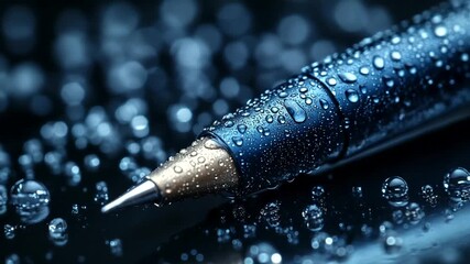 Close-up of a sleek pen covered in water droplets on a dark surface