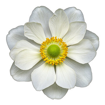 Elegant anemone flower blossom with white petals and colorful center