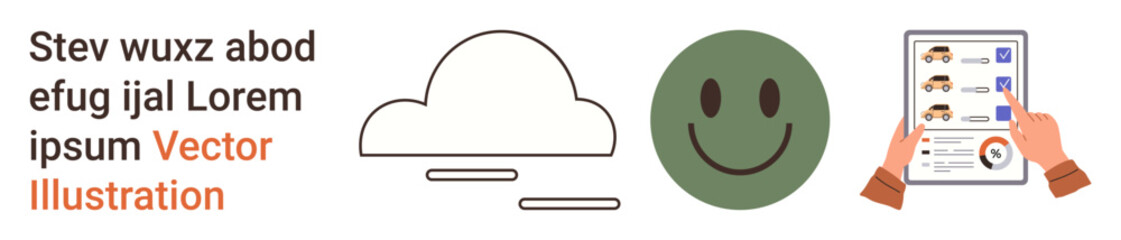 Data analysis, user feedback, cloud storage, online reviews, business communication, customer satisfaction. A cloud, green happy face and hands holding user analytics sheet. Data analysis and user