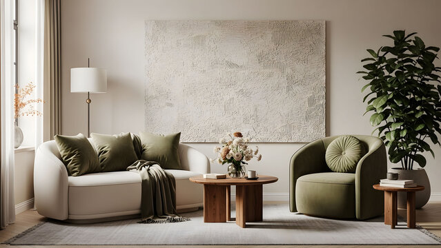 Elegant living room interior with green accents and modern art piece
