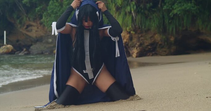 A futuristic scene featuring a light-skinned girl in neon sci-fi cosplay standing on a beach where Caribbean nature meets high-tech aesthetics.