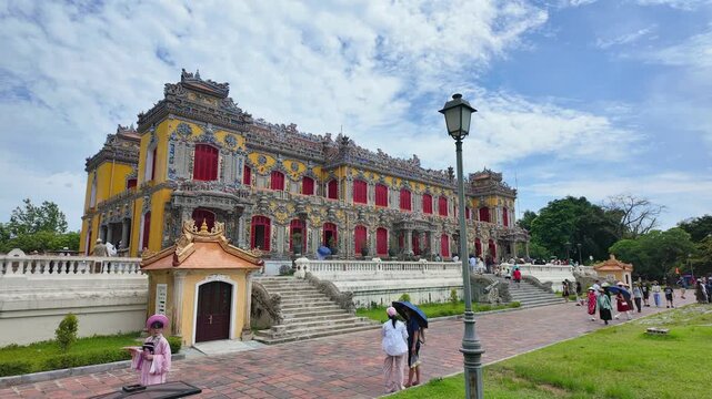 Timelapse of The Kien Trung Palace within the Imperial City of Hue, Vietnam. Imperial Royal Palace of Nguyen dynasty. Travel and landscape concept