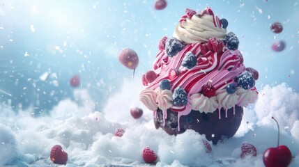Colorful Swirled Cake with Berries and Cherries in Snowy Scene