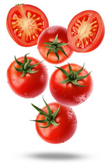 high resolution photograph showcasing a small cluster of fresh, wet red tomatoes, some whole and others cut into halves, isolated on black.