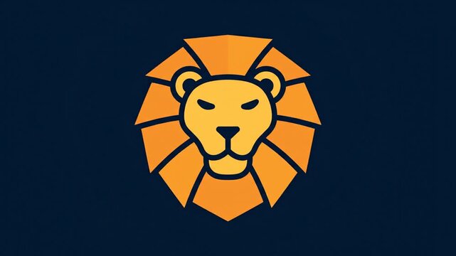 Stylized Geometric Lion Head Emblem Graphic Animation Featuring Orange Mane and Dark Blue Background with Subtle Digital Effects