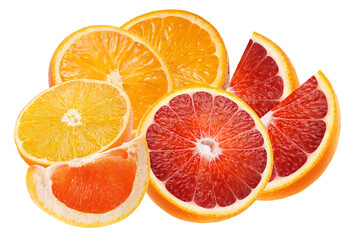colorful slices and segments of mixed citrus fruits including orange, blood orange, and grapefruit, vibrant fresh healthy food photograph isolated on black.