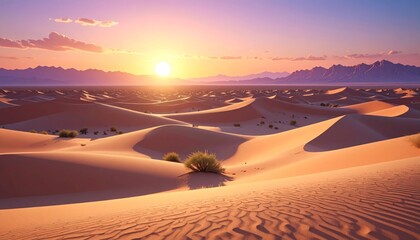 A breathtaking desert landscape at sunset, showcasing endless sand dunes bathed in golden light with distant mountains under a colorful sky.