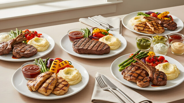 Four perfectly plated individual meals featuring grilled steak and chops with creamy mashed potatoes, vibrant grilled vegetables like asparagus and bell peppers, and various dipping sauces.