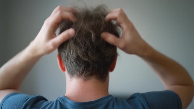 back shot of man scratching his hair due to stress