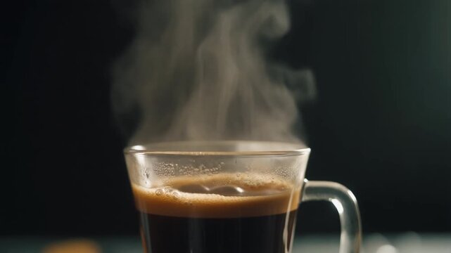 closeup slow motion of pouring brewed coffee into glass cup with dark background