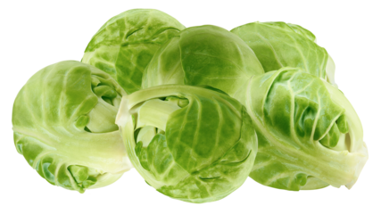 stacked group of whole, raw brussels sprouts close up, displaying the tightly packed green leaves, isolated against a professional transparent background for easy compositing.