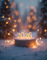 A glowing 2026 sign appears in a forest filled with lights