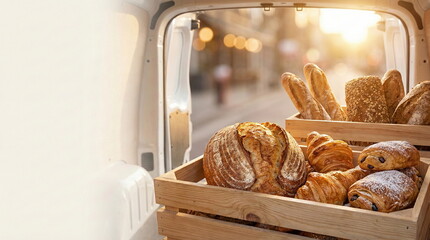 Artisanal bread and pastries in wooden crates, loaded in a delivery van with a warm urban background. Fresh bakery delivery.