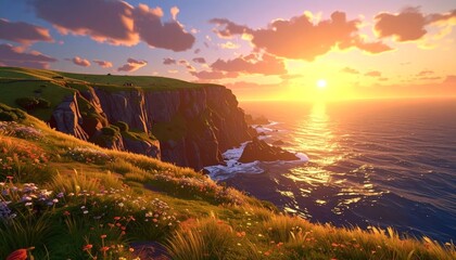 A vibrant sunset illuminates rugged coastal cliffs and the sparkling ocean, with a grassy, wildflower-dotted foreground.