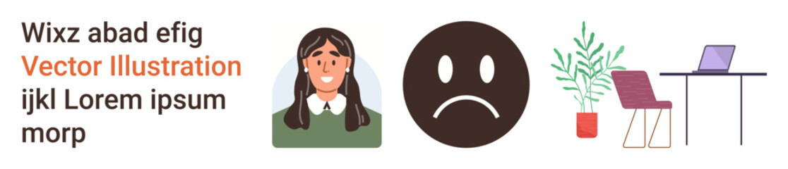 Work scenarios, emotions, remote work setup, professional life, workspace illustrations, personal portrayal. Includes a woman, sad emotion and workspace with desk and plant. Focus on professional