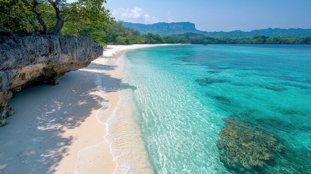 A beautiful tropical beach with white sand, clear turquoise water, and lush green vegetation under a bright sunny sky. The image captures a serene coastal lands - Powered by Adobe