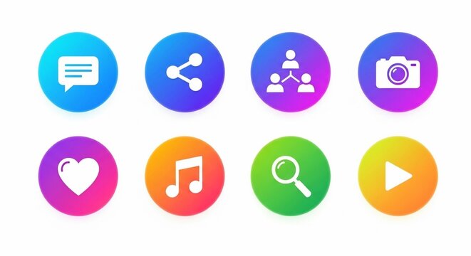 Collection of vibrant gradient-colored social media and app icons representing various digital functions like chat, share, camera, music, and search.