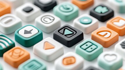 Close-up of a collection of colorful app icons arranged on a white background, showcasing a modern and minimalist design.