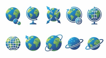 A collection of various globe icons and illustrations representing Earth, global communication, and world concepts.