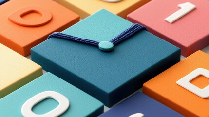 Close-up of a collection of colorful blocks with numbers and a cord detail, arranged in an abstract composition. The image is lit with studio lighting.