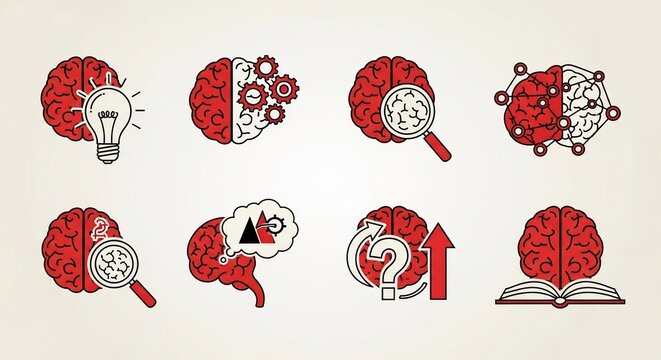 A collection of eight brain-themed icons illustrating various mental processes, intelligence, learning, and cognitive functions.