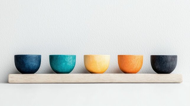 Five colorful bowls of different hues are arranged on a wooden shelf against a white textured background. The bowls are evenly spaced and create a visually appe