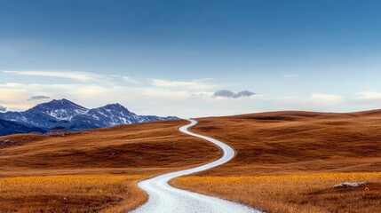 A winding road curves through a field of golden grass towards snow-capped mountains under a blue sky.