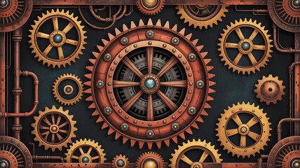 Intricate steampunk gears and pipes create a complex mechanical background with a vintage industrial aesthetic, showcasing detailed metalwork and a warm, coppery color palette