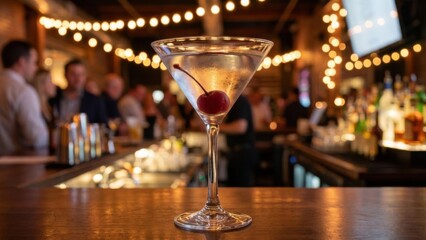 Elegant cocktail served in a classic martini glass at a lively bar scene with warm ambient