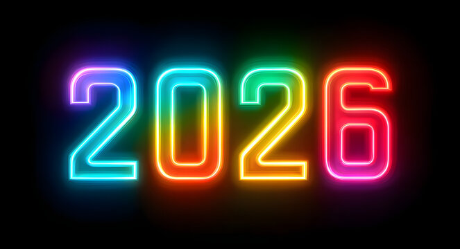New Year 2026 on vivid rainbow gradient numerals with bold white hello text centered; modern neon look on deep navy background, perfect for fresh New Year announcements and social posts.
