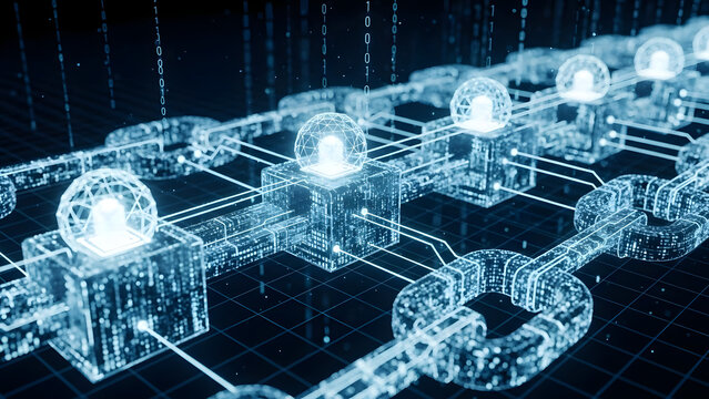 A digital blockchain network with interconnected nodes and chains in a dark blue environment - Powered by Adobe