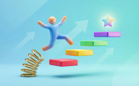 Motivated 3D character uses a spring to jump up colorful steps towards a star, representing fast progress, growth, and goal achievement. - Powered by Adobe