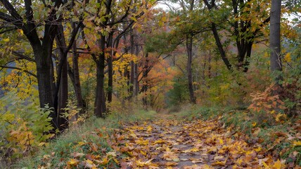 A winding forest path covered in fallen autumn leaves, with trees displaying vibrant yellow, orange, and red foliage, creating a picturesque scene of fall