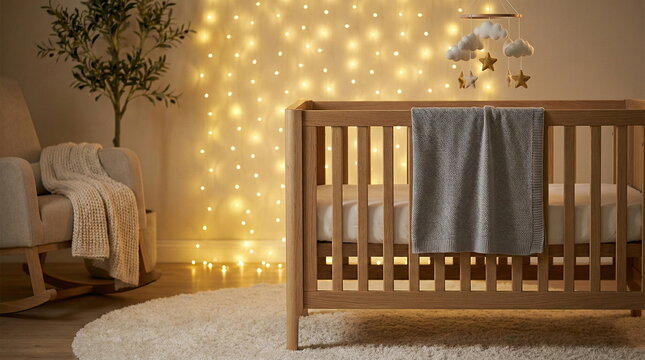Cozy nursery with a wooden baby crib, rocking chair, and warm fairy lights. Perfect for newborn comfort and peaceful sleep.
